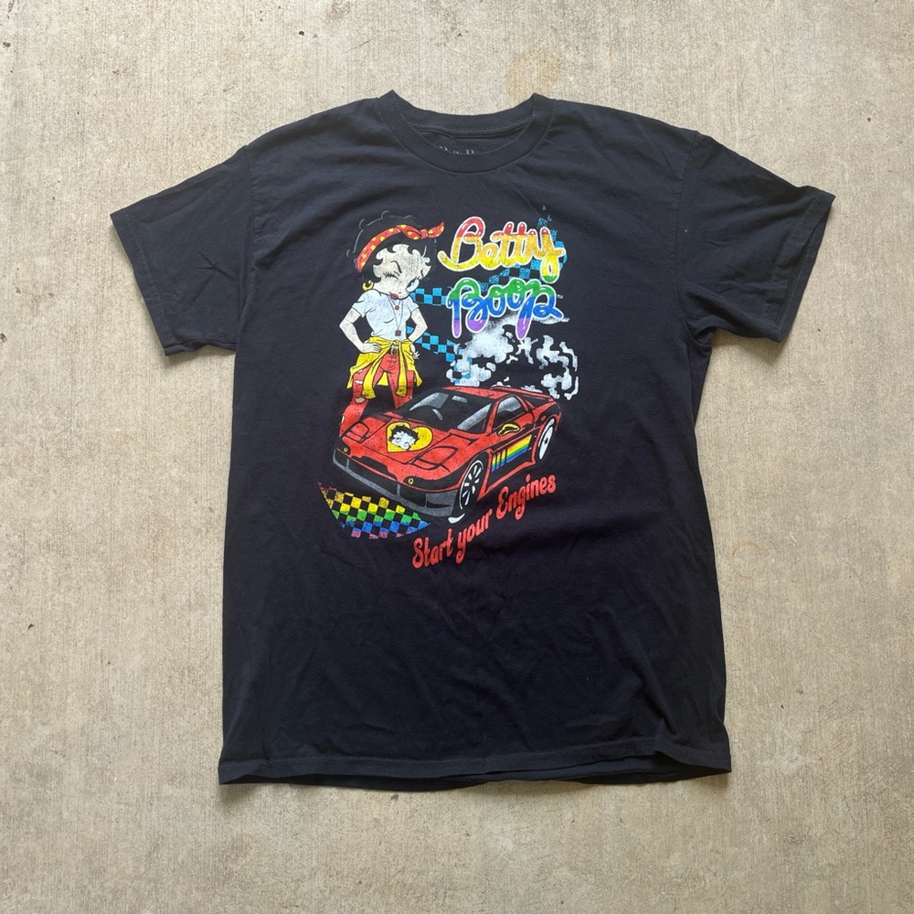 Betty Boop Black Tee with Colorful Car Graphic